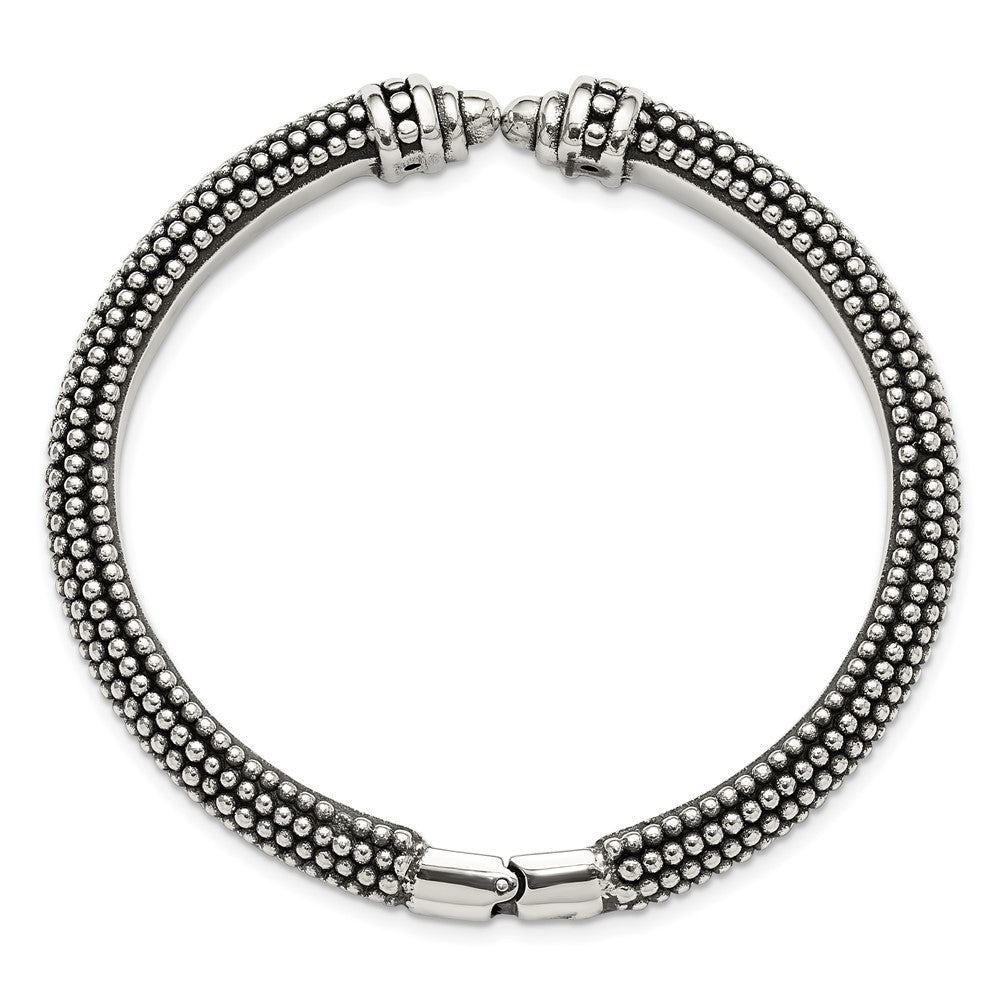 Sterling Silver Polished and Antiqued Beaded Hinged Bangle Bracelet