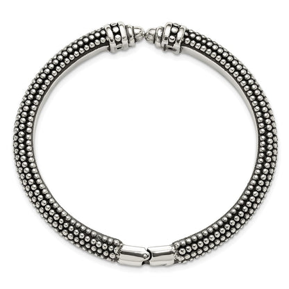 Sterling Silver Polished and Antiqued Beaded Hinged Bangle Bracelet