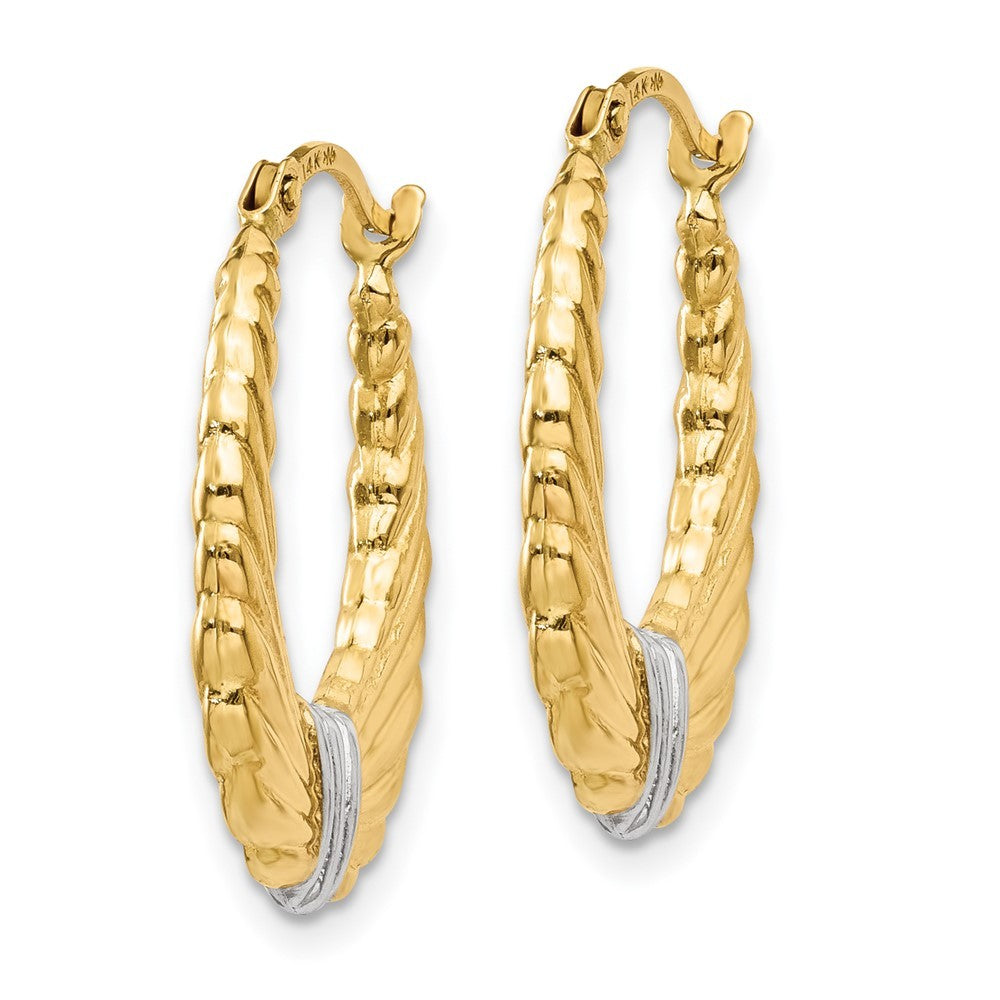 14k Yellow Gold & Rhodium Polished and Textured Hoop Earrings