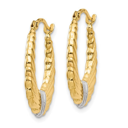 14k Yellow Gold & Rhodium Polished and Textured Hoop Earrings