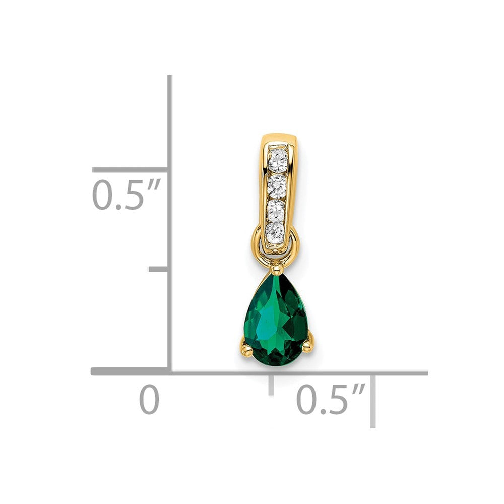 14k Yellow Gold Pear Created Emerald and Diamond Pendant