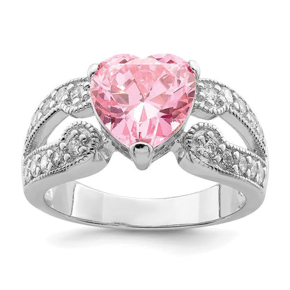 Sterling Silver Rhodium plated 10mm Clear Pink Heart Cubic Zirconia Ring Size 8