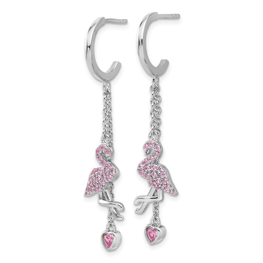 Sterling Silver Pink Cubic Zirconia Flamingo Heart Post Hoop Earrings