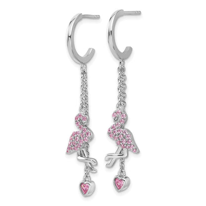 Sterling Silver Pink Cubic Zirconia Flamingo Heart Post Hoop Earrings