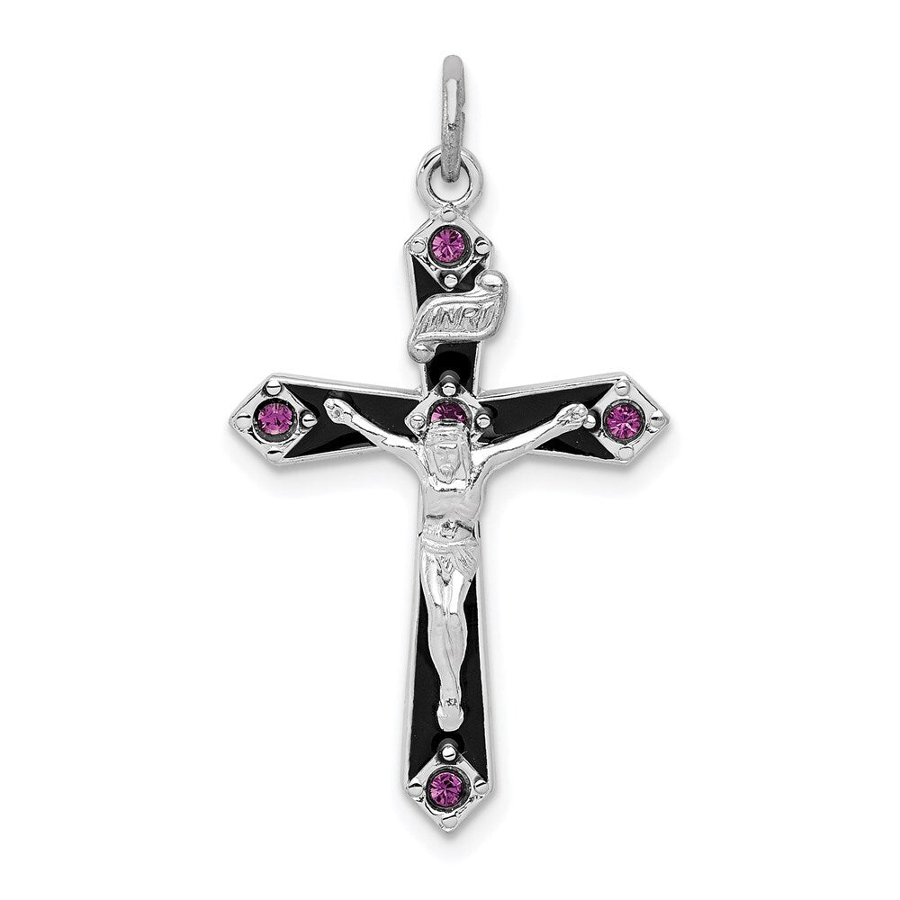 Sterling Silver Black Epxy Purple Cubic Zirconia INRI Cross Pendant