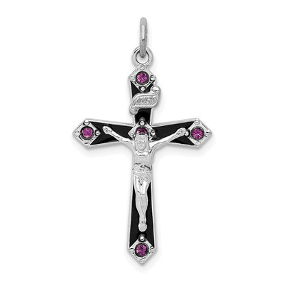 Sterling Silver Black Epxy Purple Cubic Zirconia INRI Cross Pendant