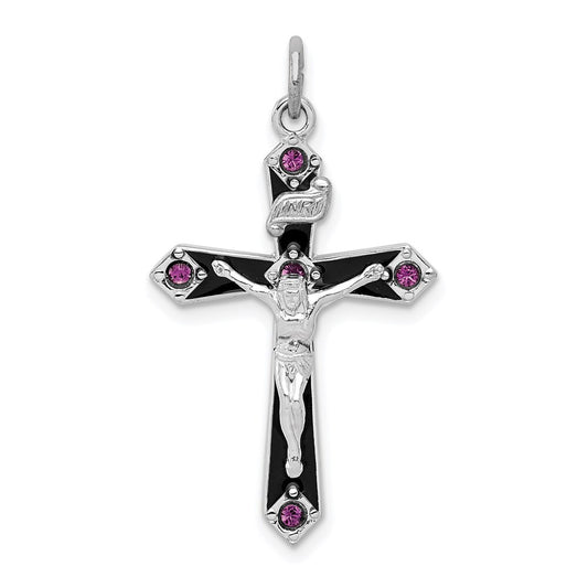 Sterling Silver Black Epxy Purple Cubic Zirconia INRI Cross Pendant