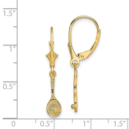 14k Yellow Gold Polished Tennis Racquet w/ Ball Drop Dangle Earrings