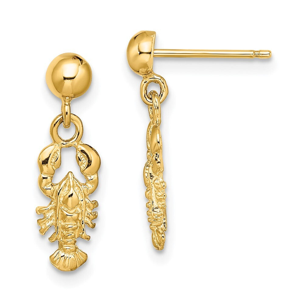 14k Yellow Gold Lobster Dangle Earrings Gift for Women