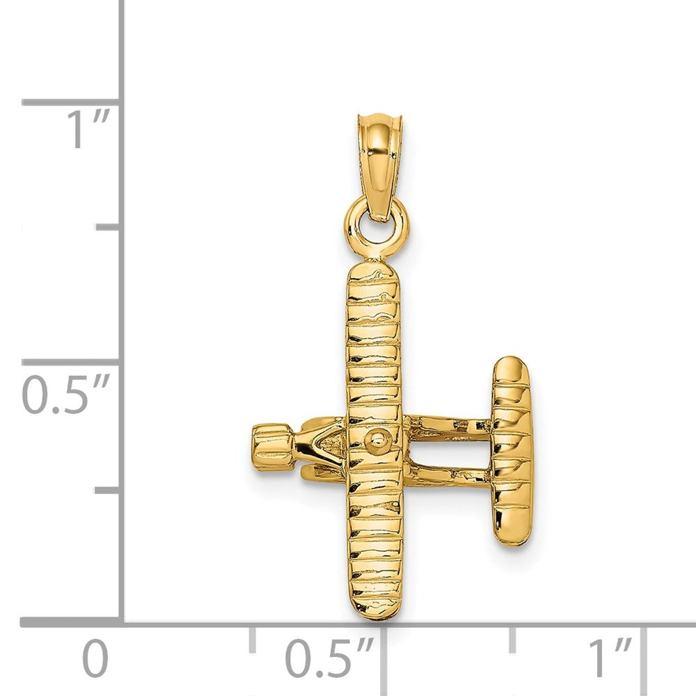 14k Yellow Gold 3-D Bi-Plane with Ribbed Wings Charm Pendant