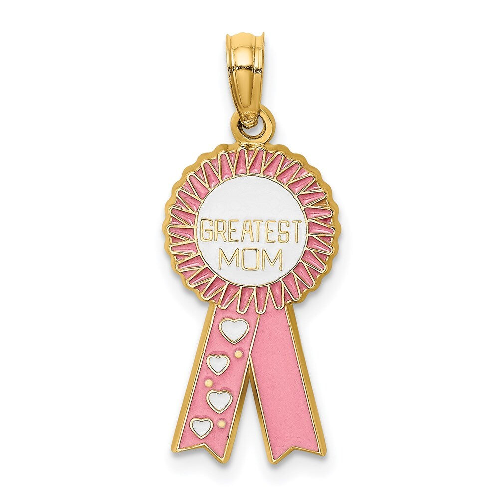 14k Yellow Gold Enamel GREATEST MOM Pink RIBBON Charm Pendant for Women