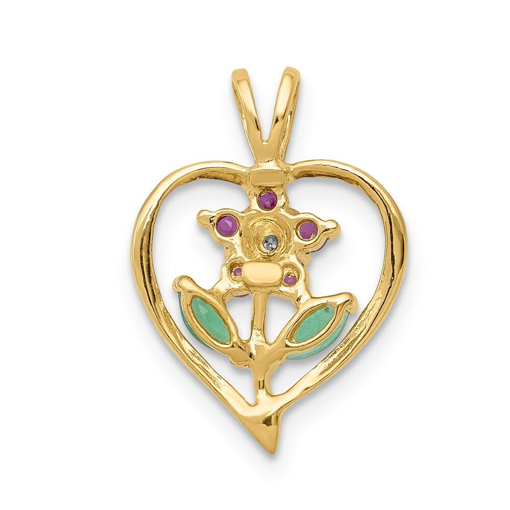 14k Yellow Gold Siam Ruby/Emerald/Diamond Flower in Heart Pendant for Women