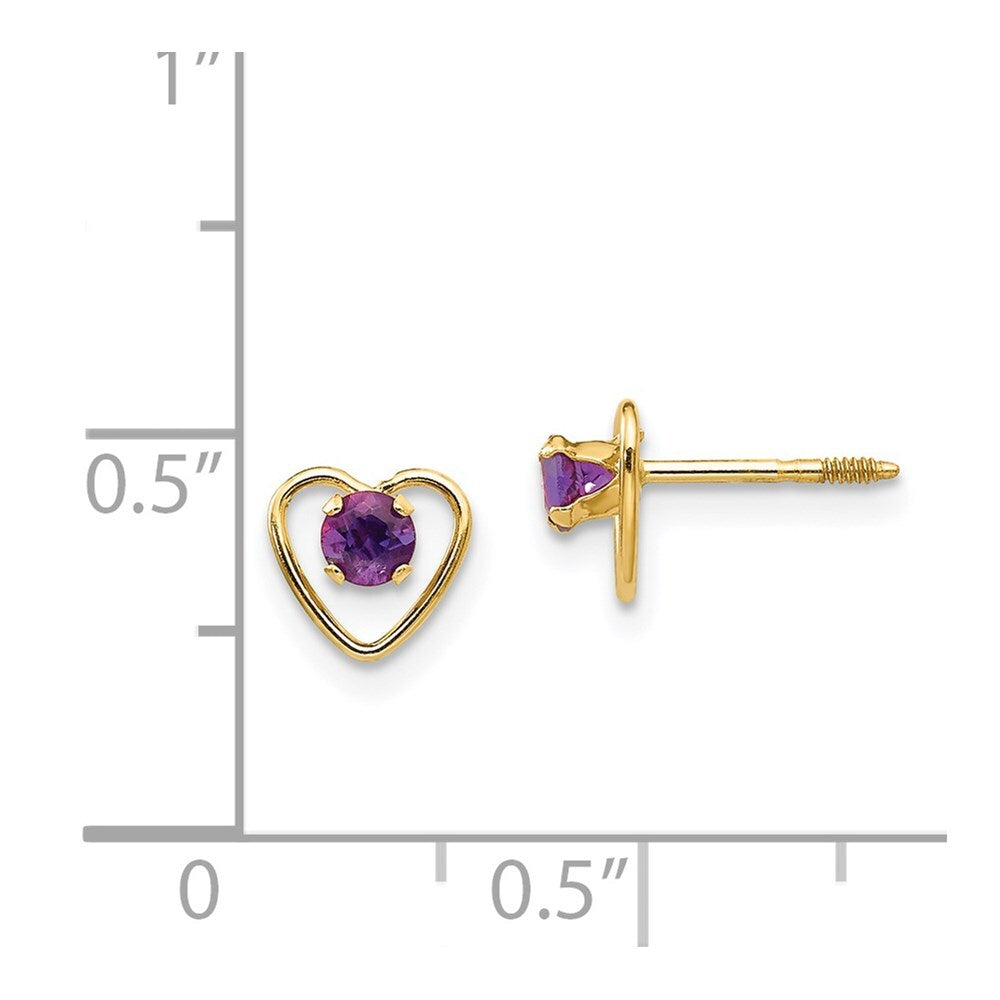 14k Yellow Gold 3mm Genuine Amethyst Birthstone Heart Stud Earrings