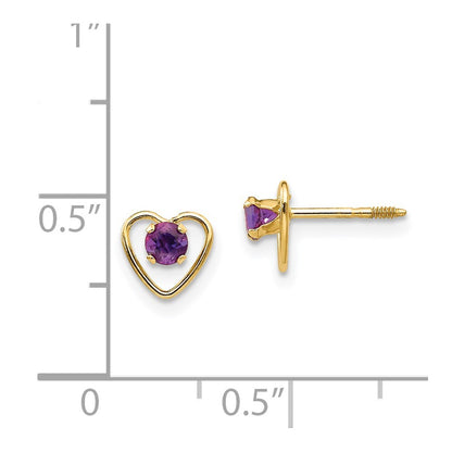 14k Yellow Gold 3mm Genuine Amethyst Birthstone Heart Stud Earrings