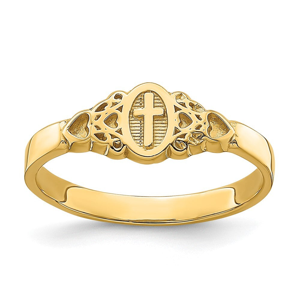 14K Yellow Gold Cross Inside Oval W/Scroll and Heart Ring Size 7