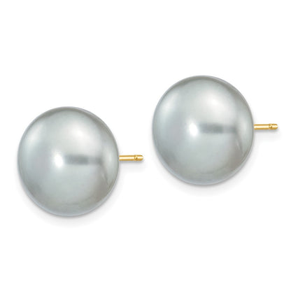 14k Yellow Gold 11-12mm Grey Button Freshwater Cultured Pearl Stud Post Earrings