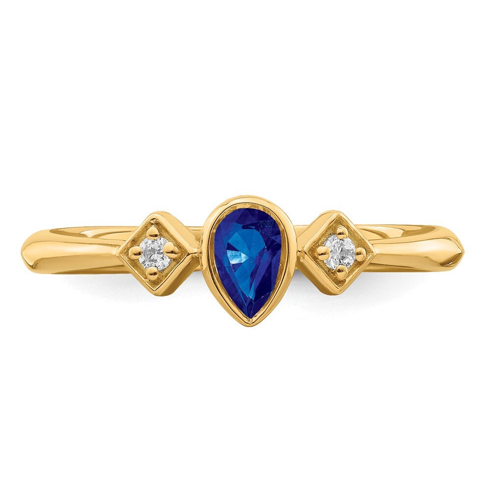 14K Yellow Gold Pear Bezel Sapphire and Diamond Ring Size 7