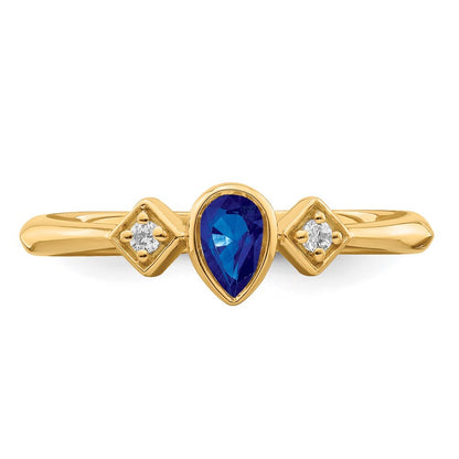 14K Yellow Gold Pear Bezel Sapphire and Diamond Ring Size 7