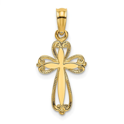 14k Yellow Gold Polished and Cut-Out Engraved Cross Charm Pendant