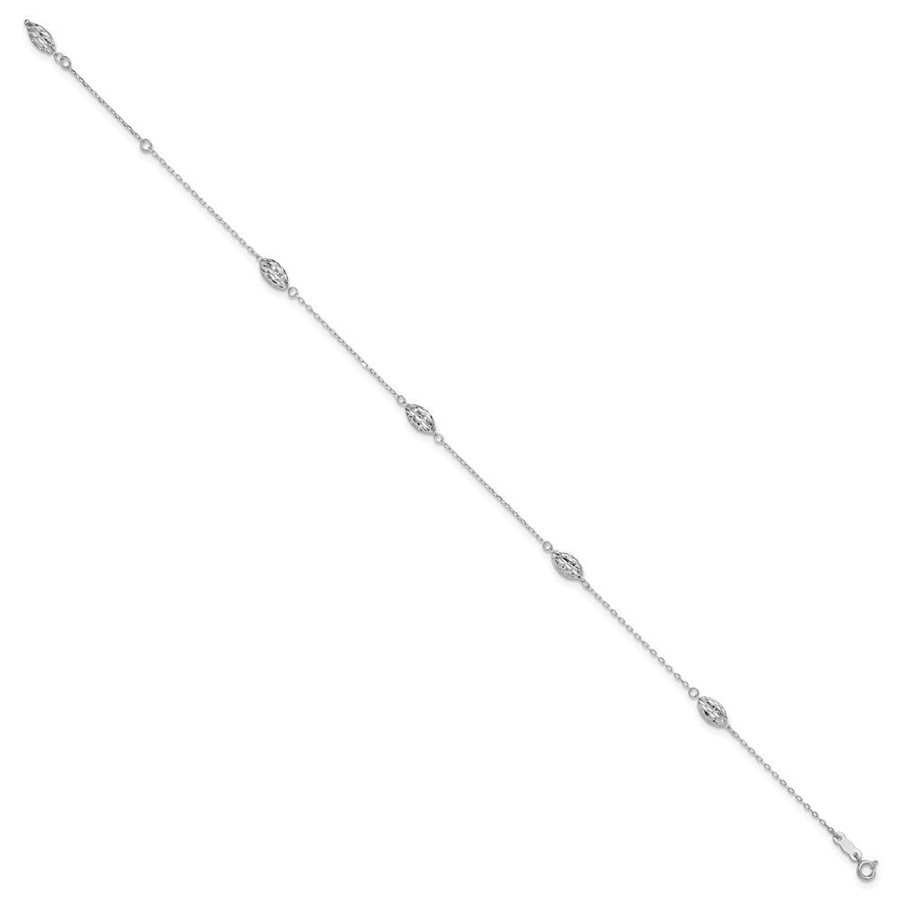 14k White Gold Diamond-cut Rice Puff Beads 4-Station 10" Anklet
