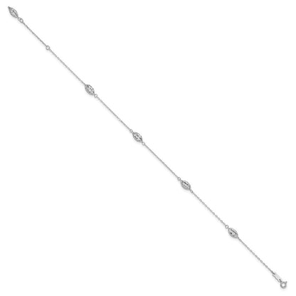 14k White Gold Diamond-cut Rice Puff Beads 4-Station 10" Anklet
