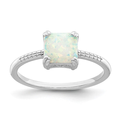 Sterling Silver Rhodium-plated Polished Square White Created Opal Ring Size 7