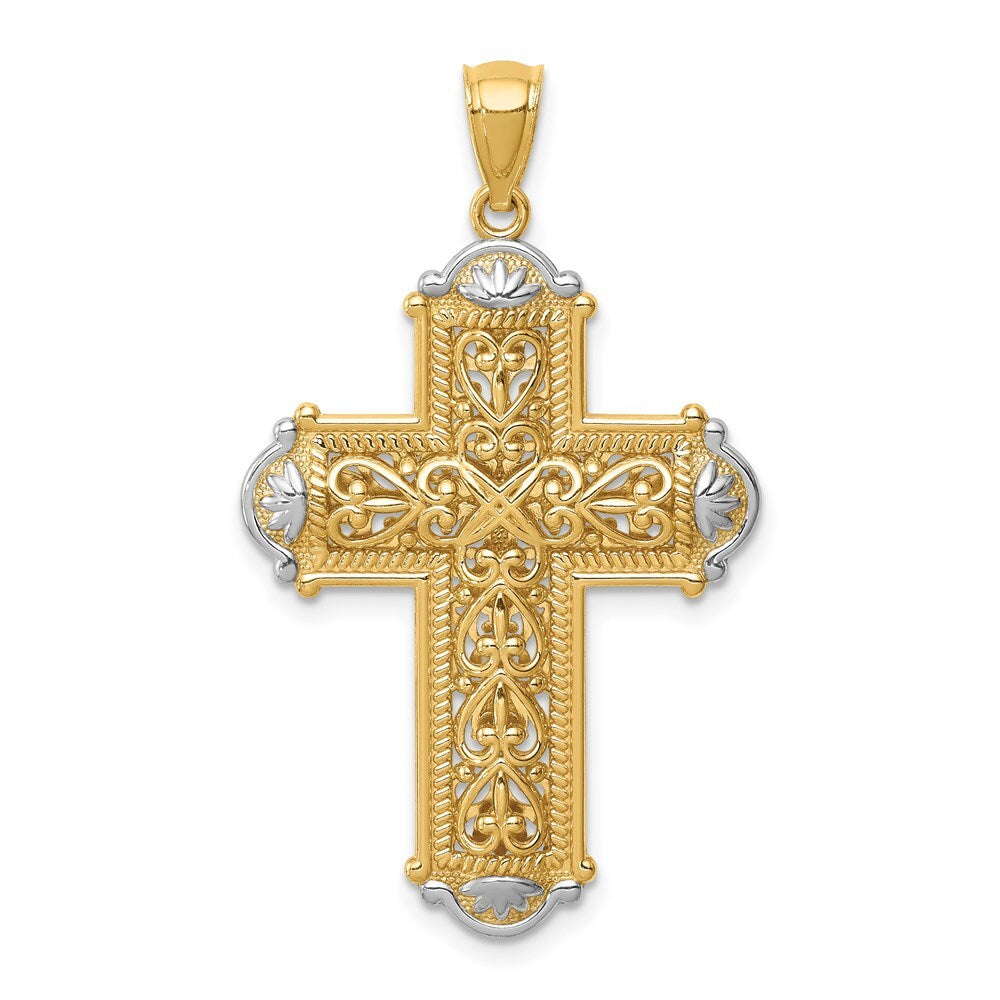 14k Yellow Gold White Rhodium Diamond-Cut Reversible Cross Pendant for Women
