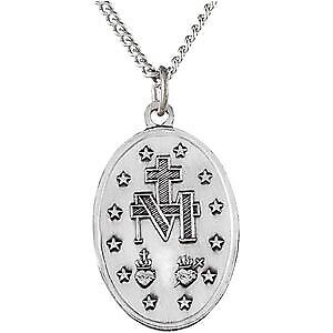 Sterling Silver 19x13.5 mm Oval Miraculous Medal Pendant Necklace 18"