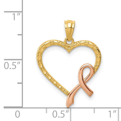 14k Yellow Gold Rose Rhodium Pink Ribbon with Heart Pendant for Women