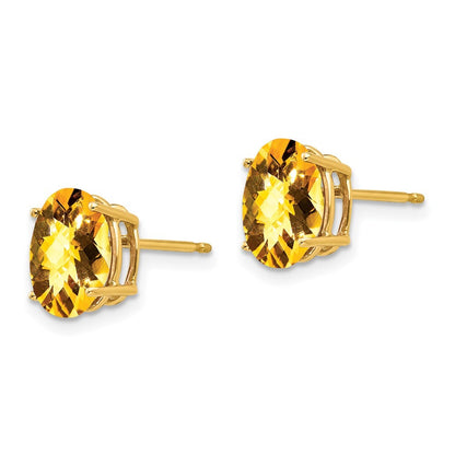 14k Yellow Gold 9x7mm Oval Citrine Checker Stud Earrings