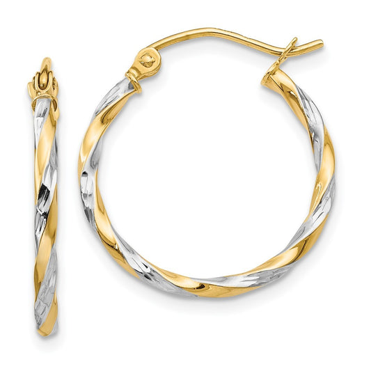 14k Yellow Gold & Rhodium Hollow Twisted Hoop Earrings