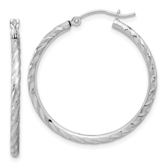 14k White Gold Polished and Satin Diamond-Cut 2mm Hoop Earrings