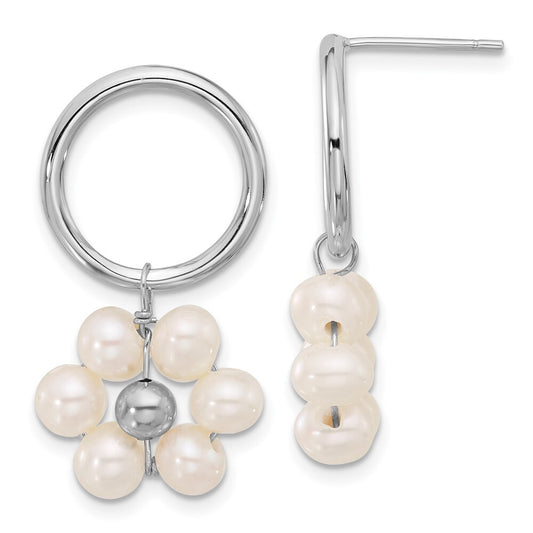 Sterling Silver 4-5mm White Semi-Round Cultured Pearl Flower Dangle Earrings