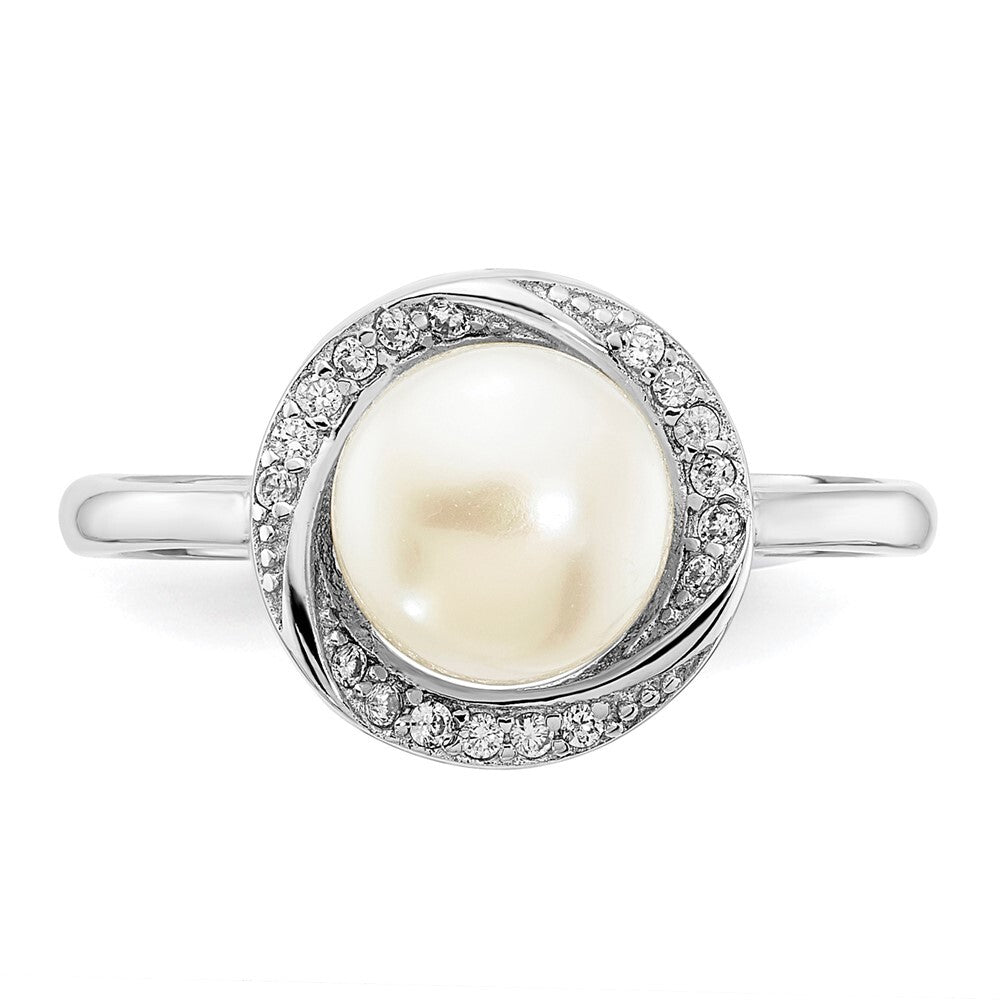 Sterling Silver 7-8mm Button White Freshwater Cultured Pearl and CZ Ring Size 8