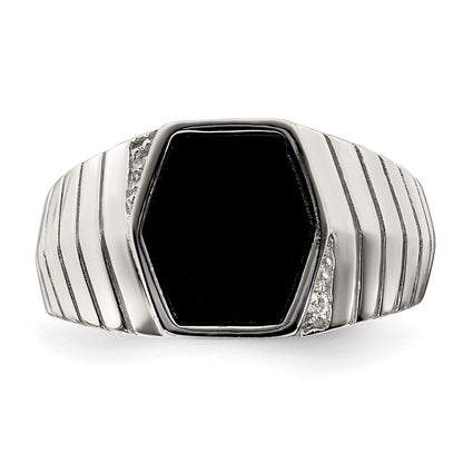 Sterling Silver Rhodium-plated Men's Cubic Zirconia & Onyx Ring Size 9
