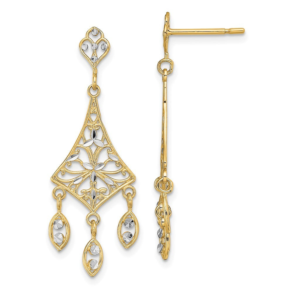 14k Yellow Gold w/Rhodium Filigree Diamond-Cut Chandelier Dangle Earrings
