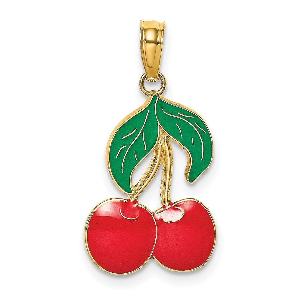 14k Yellow Gold W/ Enamel Cherries With  Leaf Charm