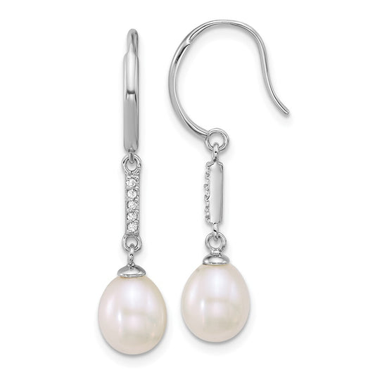 Sterling Silver Teardrop White Cultured Pearl & Cubic Zirconia Dangle Earrings