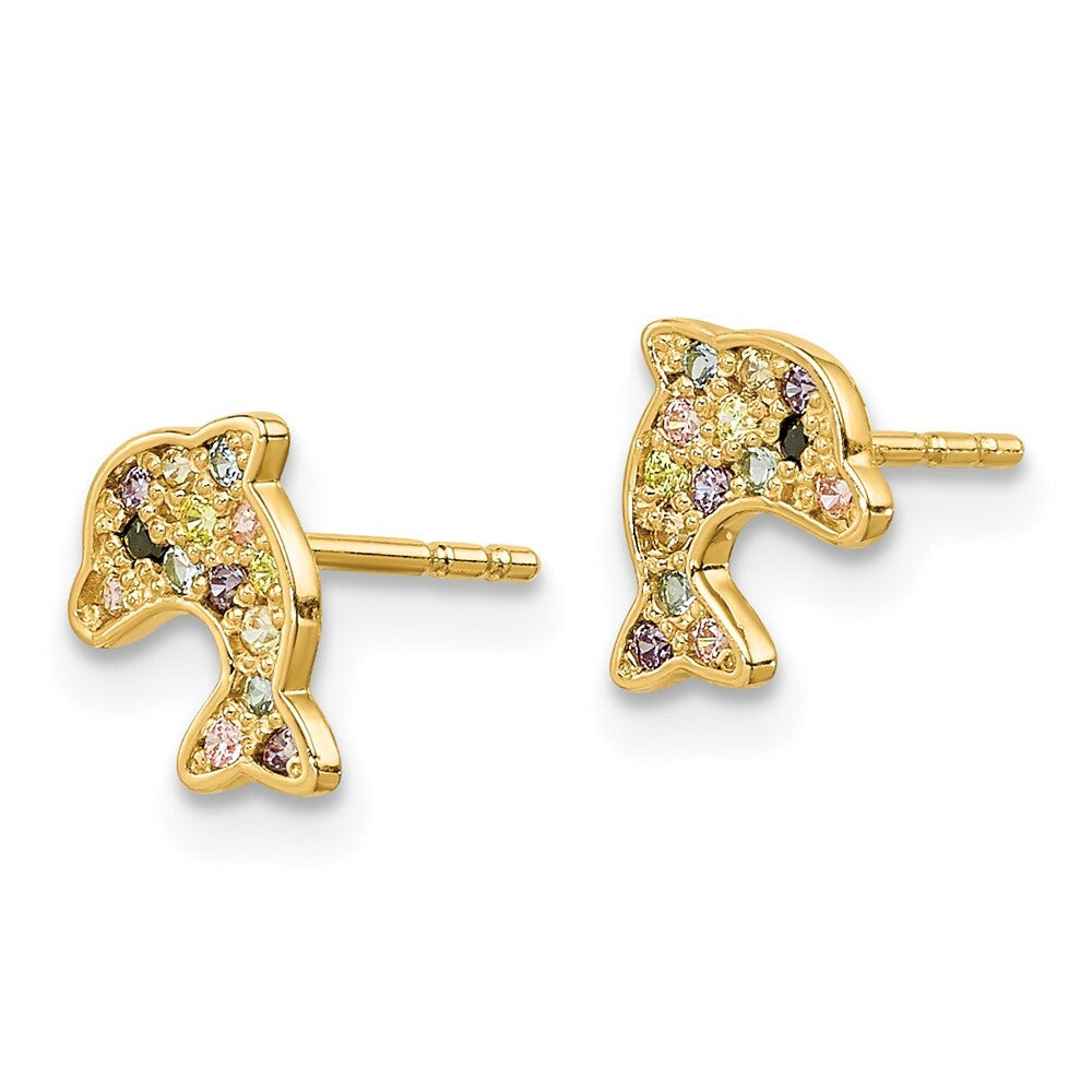 14k Yellow Gold Multi-colored Cubic Zirconia Dolphin Stud Earrings