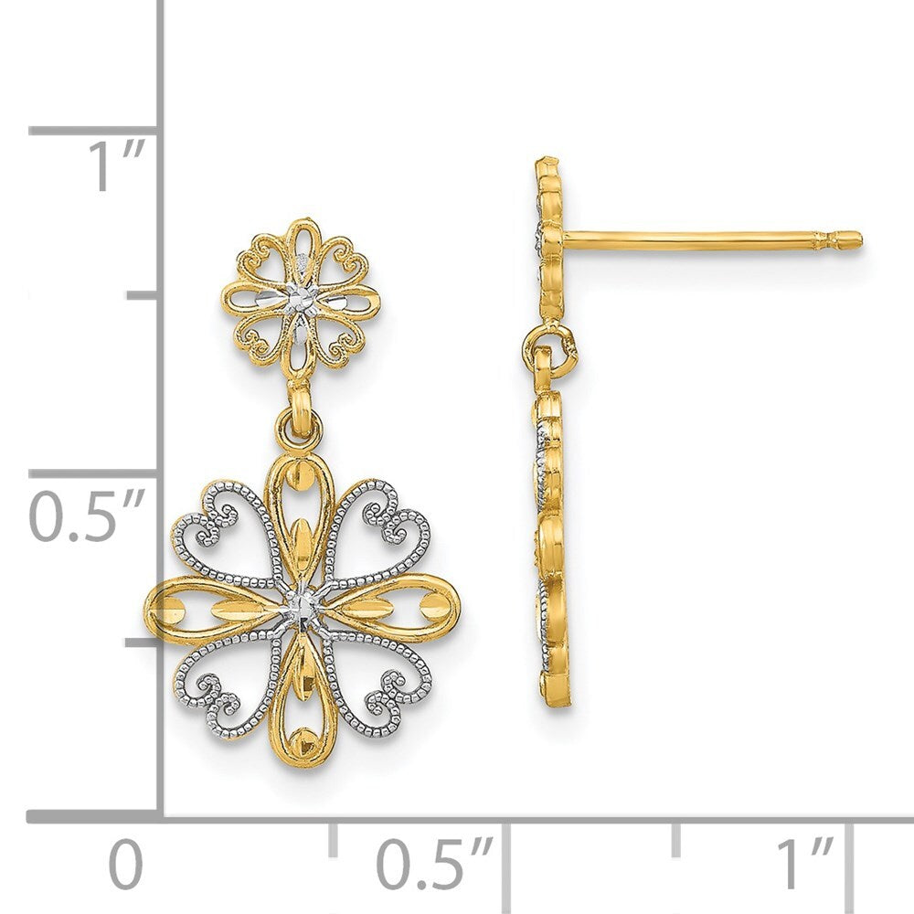 14k Yellow Gold Rhodium Beaded Heart Petal Floral Dangle Earrings