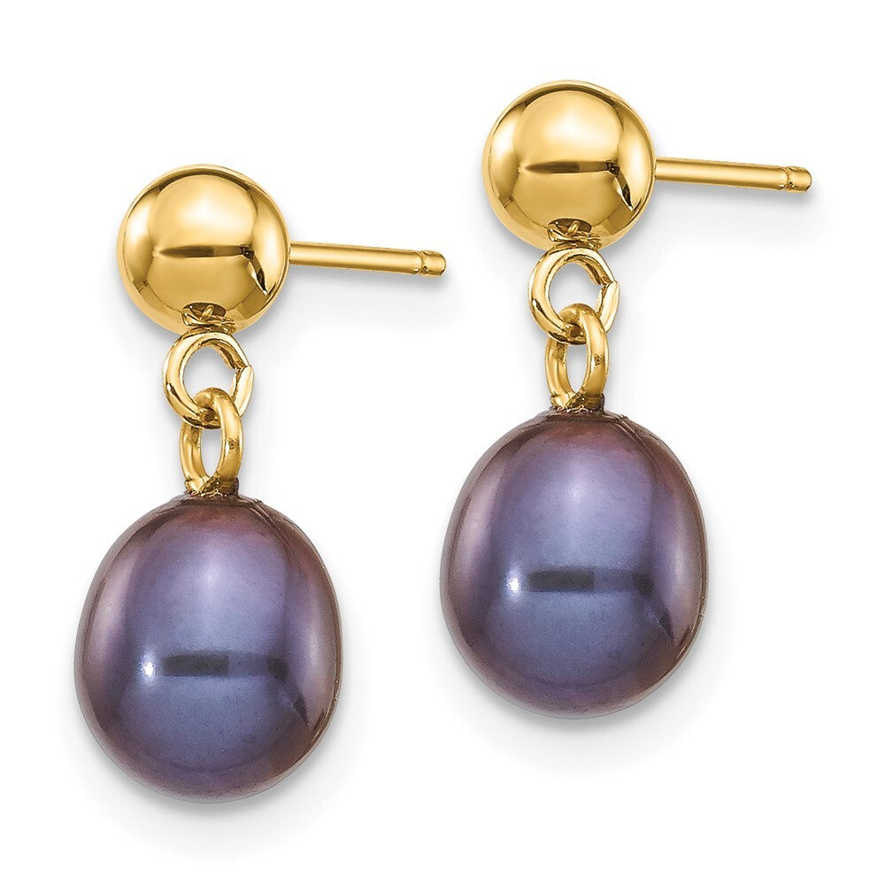 14k Yellow Gold 6-7mm Black Rice Freshwater Cultured Pearl Dangle Earrings