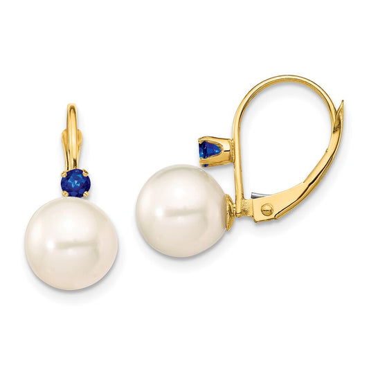 14k Yellow Gold 8-8.5mm Cultured Pearl & Sapphire Leverback Earrings for Women