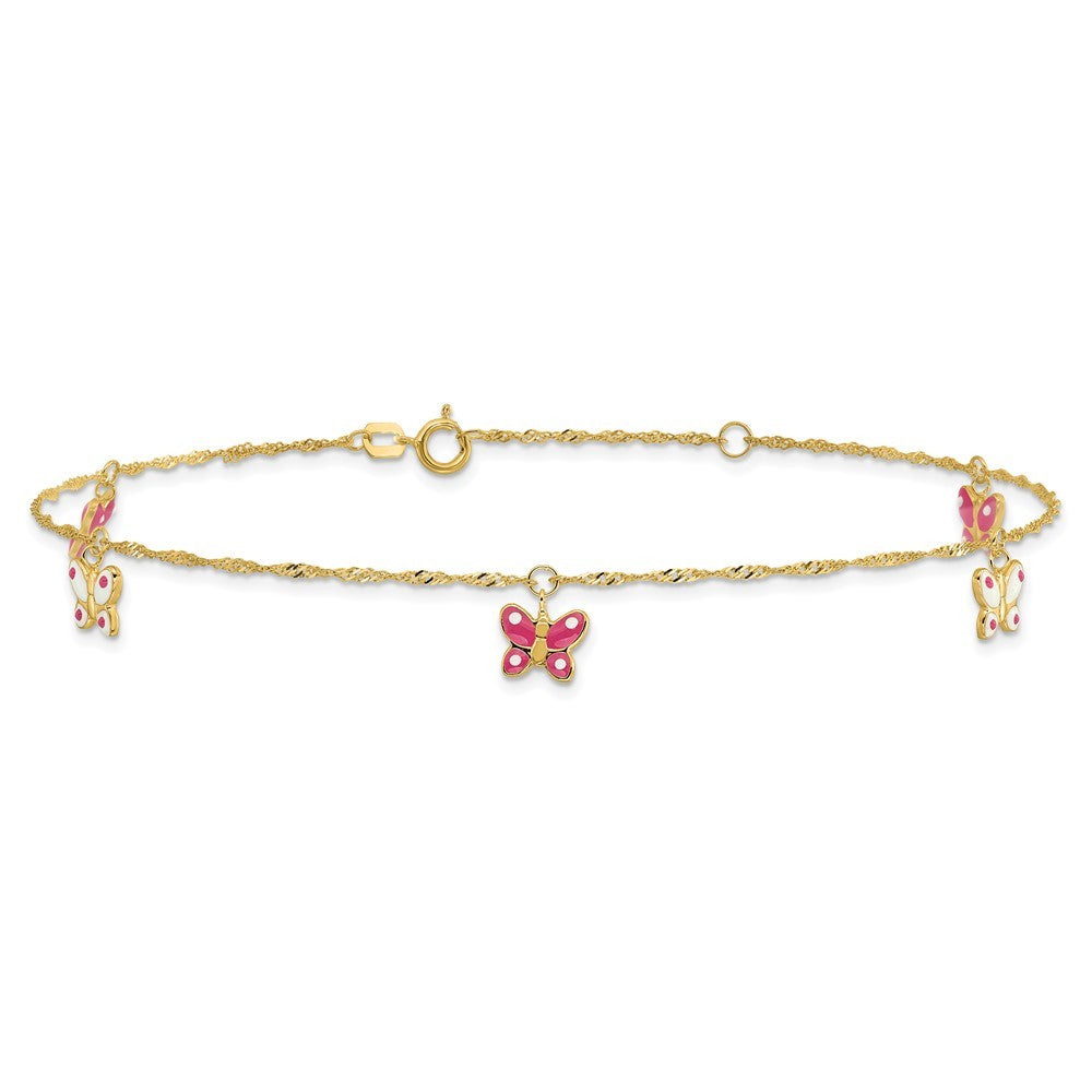 14k Yellow Gold Pink and White Enameled Butterfly Dangles 10" Anklet