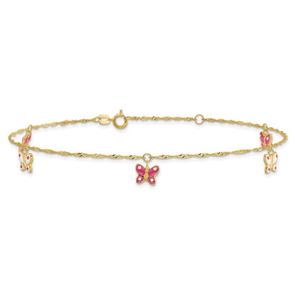 14k Yellow Gold Pink and White Enameled Butterfly Dangles 10" Anklet