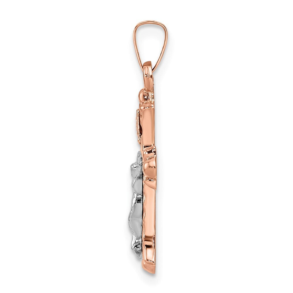 14k Two-tone Gold Rose and Polished Fleur de Lis INRI Hollow Crucifix Pendant