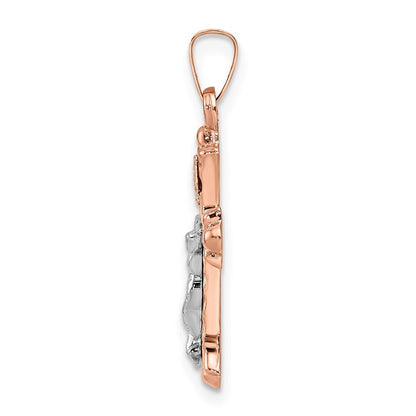 14k Two-tone Gold Rose and Polished Fleur de Lis INRI Hollow Crucifix Pendant