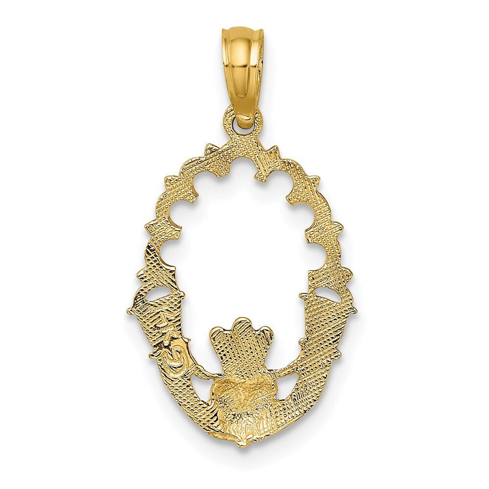 14k Yellow Gold Engraved Claddagh In Oval  Lace Trim Charm Pendant for Women