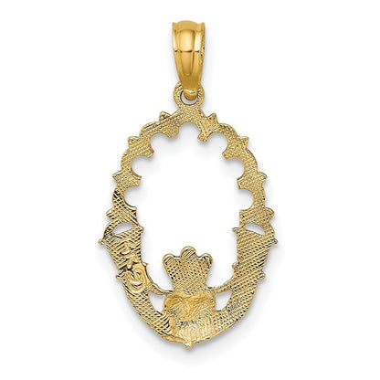 14k Yellow Gold Engraved Claddagh In Oval  Lace Trim Charm Pendant for Women