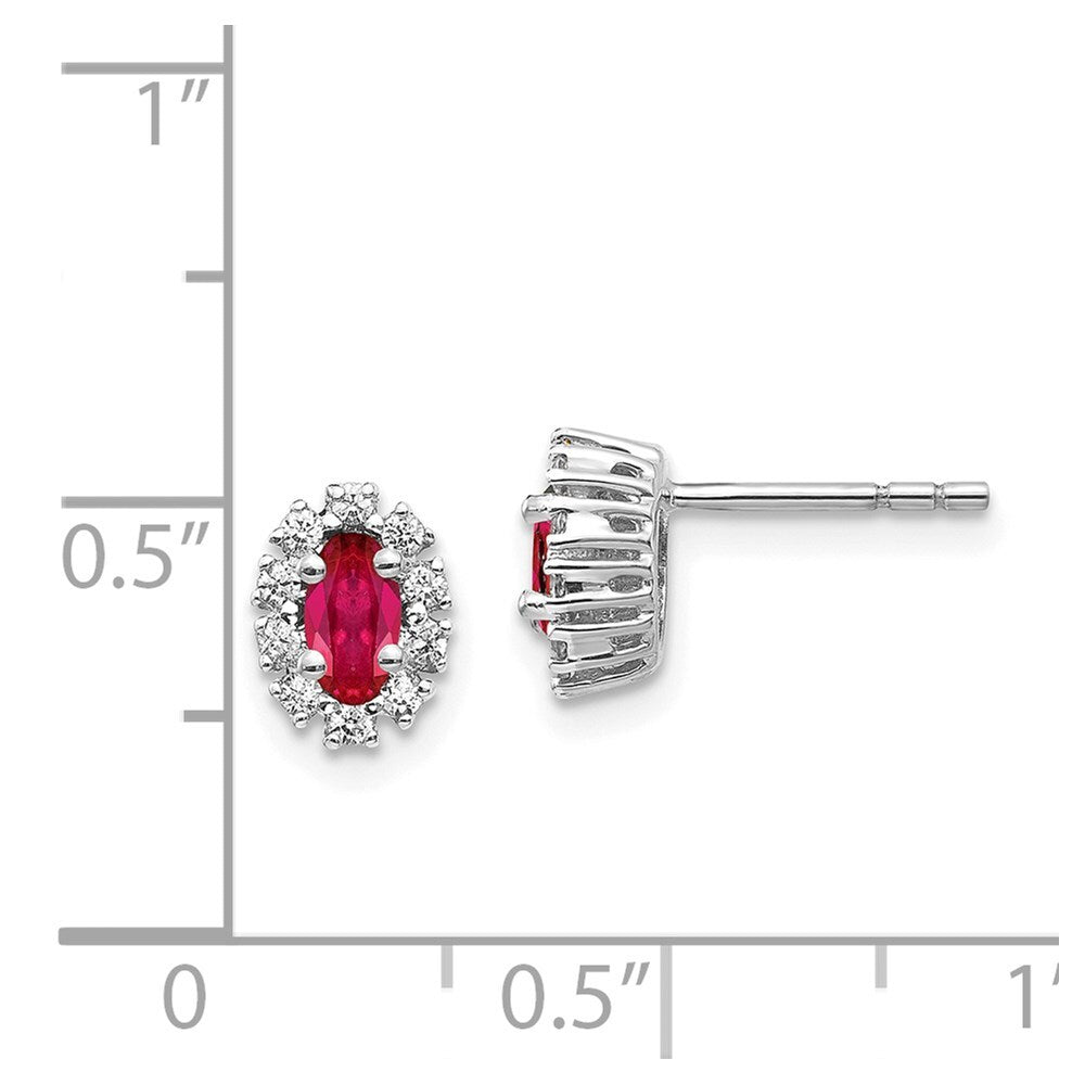 14k White Gold Diamond and Ruby Oval Halo Stud Earrings