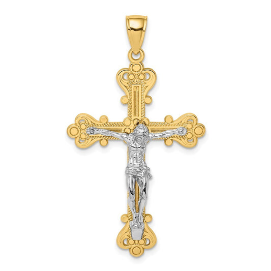 14k Two-tone Gold Engraved Crucifix Charm Pendant for Women